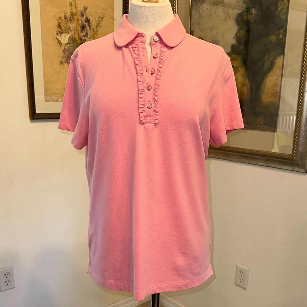 Lands End Pink Polo Shirt w/ Ruffled Front Size Medium